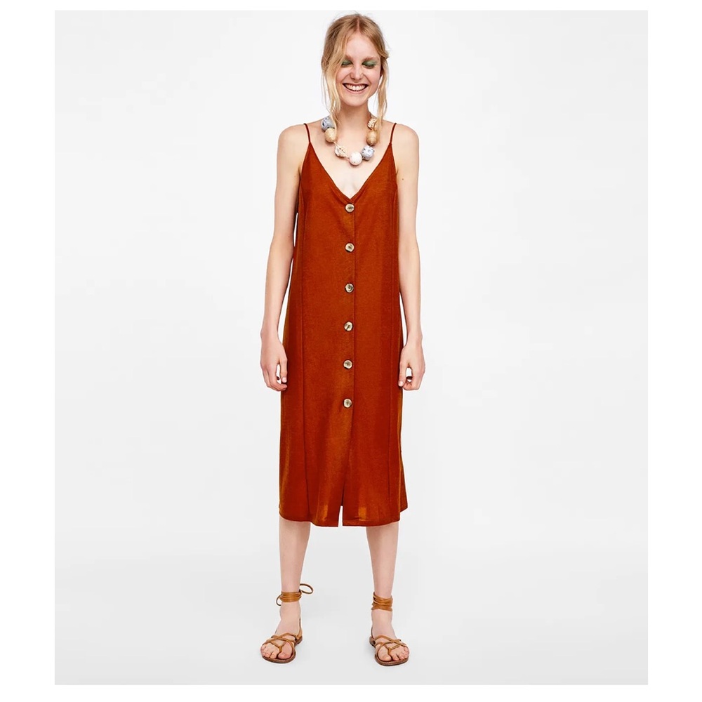 Zara  Burnt Orange Sleeveless Strappy Button Front Midi Shift Dress
